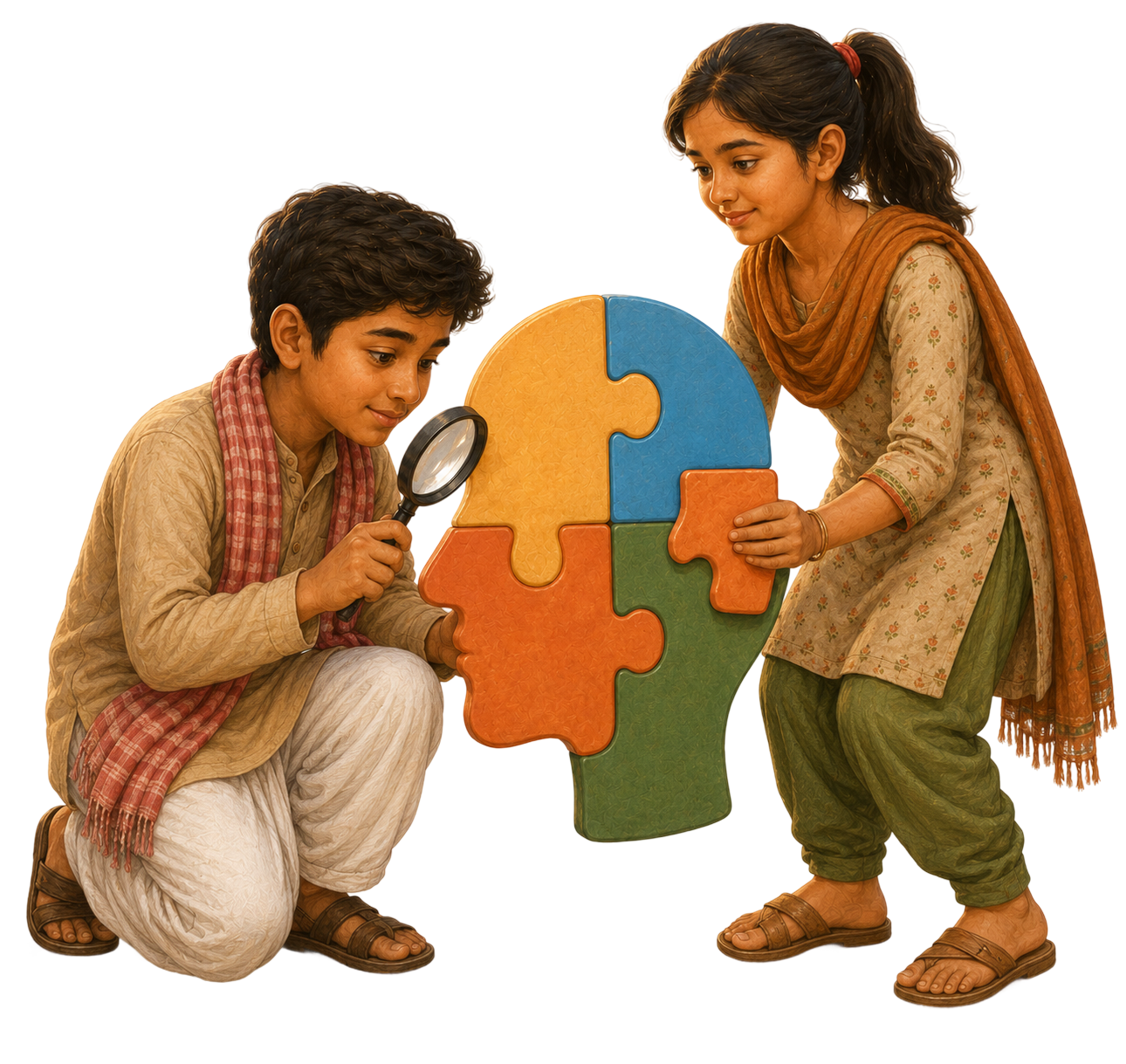 Two students assembling a puzzle together